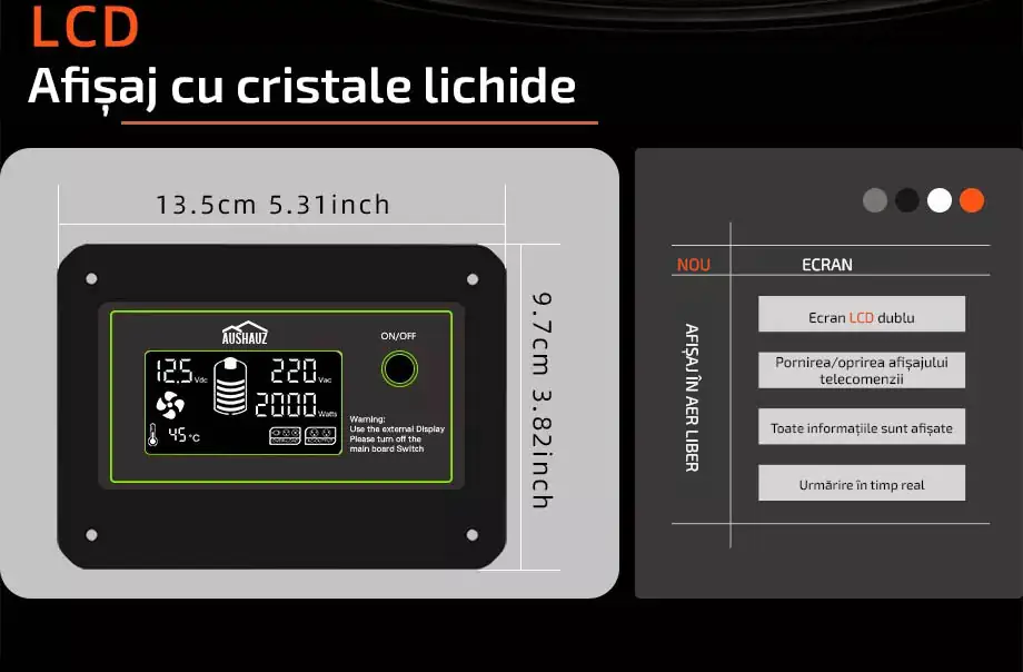 invertor 12-220 1200W - Afișaj cu cristale lichide, Afișaj LCD dublu, Pornire/oprire folosind telecomanda, Toate informațiile sunt afișate, Urmărire în timp real